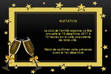 Una tarjeta de invitación dorada, decorada con 2 copas de champán para un evento festivo